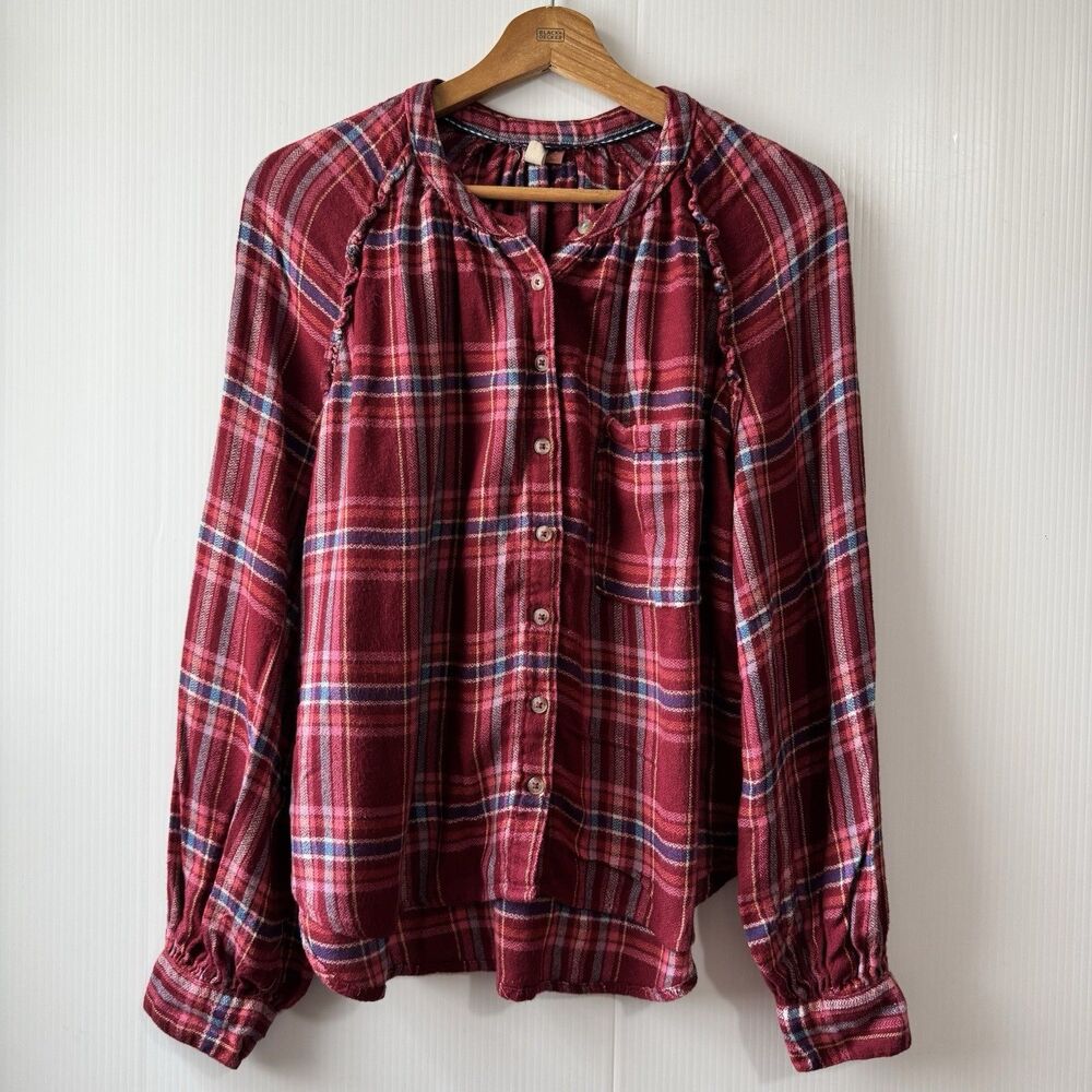 Pilcro Plaid Blouse M Women’s Red  Wool Blend Boho Peasant Ruffle Anthropologie